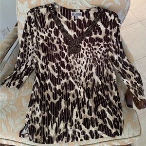 JM Collection Cream Pleated Embellished 3/4 Sleeve Blouse